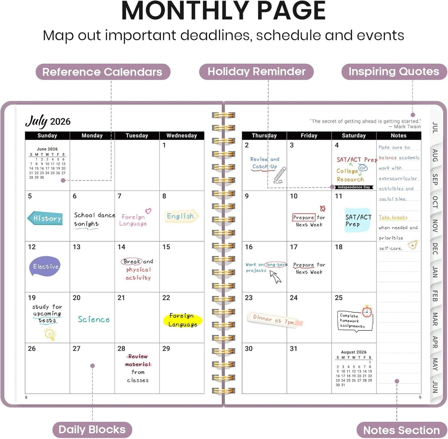 Planner 2026-2027 for Women & Men, Academic Monthly and Weekly Calendar Planner, Jul 2026 - Jun 2027, A5 (6.3" x 8.5"), Teacher Student Planning Book with Tabs, Ideal for Office School Supplies - Pink