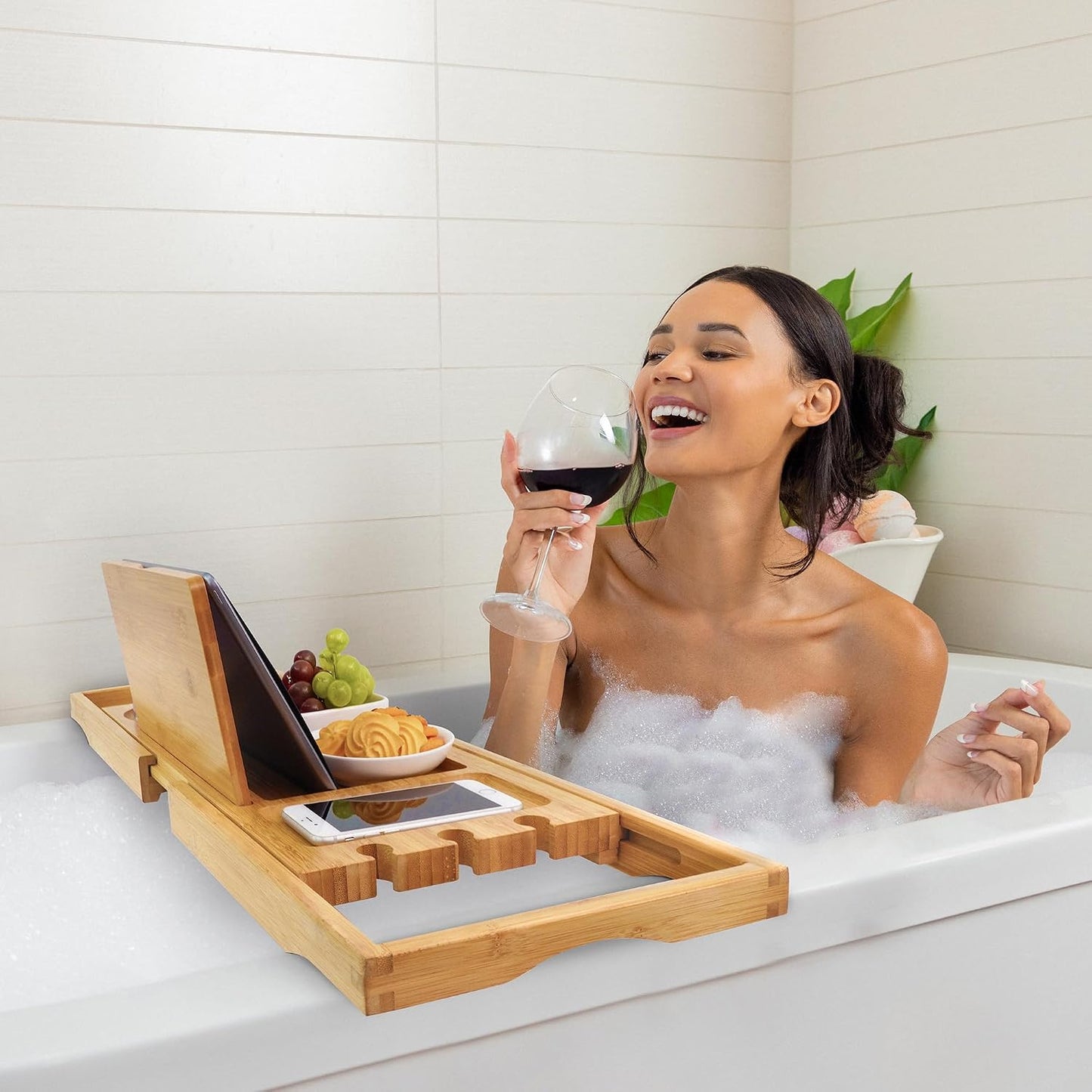Utoplike Bamboo Bathtub Caddy Tray for Tub, Expandable Bath Table Trays