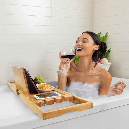 Utoplike Bamboo Bathtub Caddy Tray for Tub, Expandable Bath Table Trays