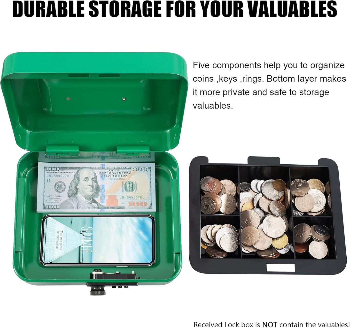 KYODOLED Small Cash Box with Combination Lock & Removable Money Tray, Black