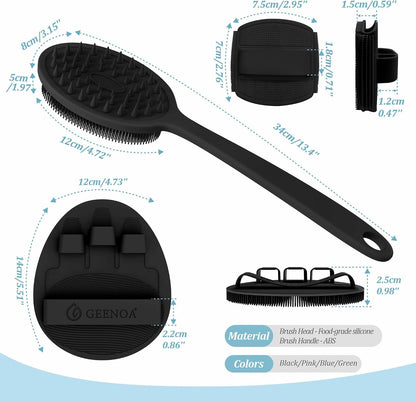 Silicone Back Scrubber & Bath Glove Set 2PCS, 13.4'' Gentle Shower Back Scrubber with Dual-Side Head Non-Slip Handle, 360° Anti-Slip Hand-fit Bath Glove for Rich Foaming Deep Cleaning(Black)
