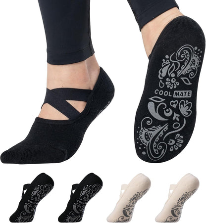 COOLMATE Pilates Socks with Grips for Women, Yoga Socks, Crew Non Slip Women for Barre, Pilates Gifts for Women - Colors B