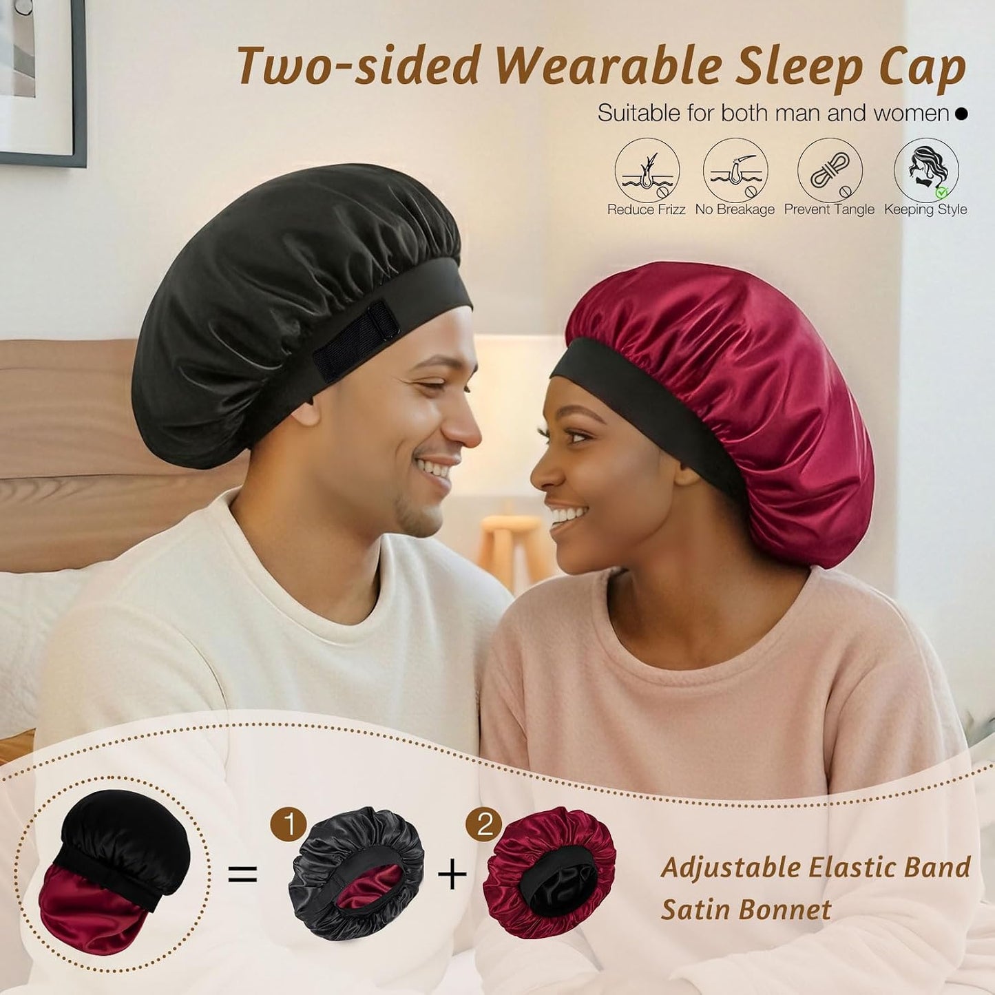Silk Bonnet for Sleeping Double Layer Satin Bonnet Adjustable Bonnets for Black Women Sleep Cap Reversible Hair Bonnet for Curly Hair (Black and Purple)