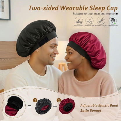 Silk Bonnet for Sleeping Double Layer Satin Bonnet Adjustable Bonnets for Black Women Sleep Cap Reversible Hair Bonnet for Curly Hair (Black and Purple)
