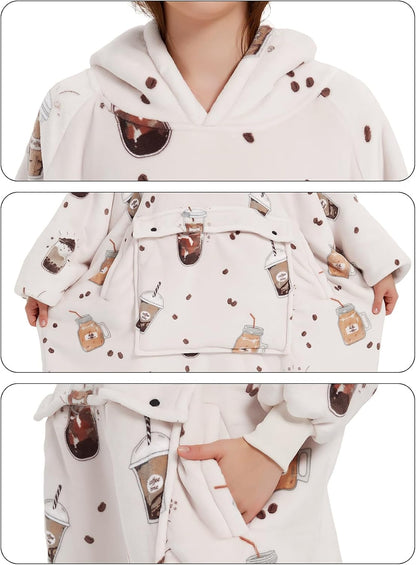 KFUBUO Wearable Blanket Hoodie for Adults Sherpa All Patterns Cat Oversized Sweatshirt Blanket with Pockets for Women