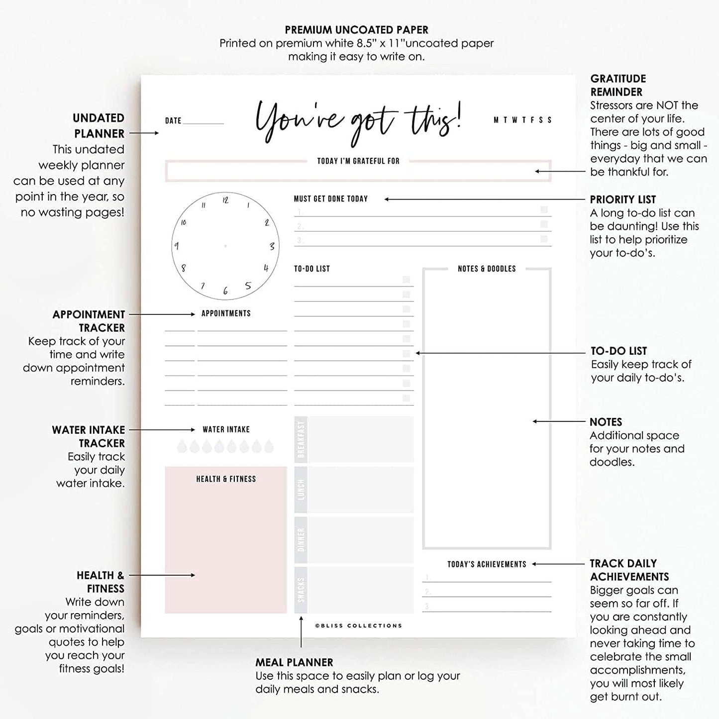Bliss Collections Weekly Planning Pad, To Do List Notebook - Undated Tear-Off Sheets Notepad - Work Calendar, Organizer, Scheduler for Goals, Tasks - Minimalist, 8.5" x 11", 50 Sheets