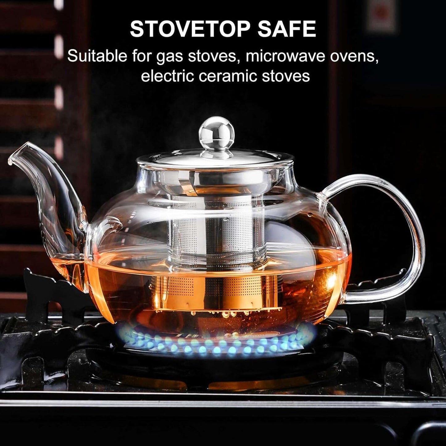 PARACITY Glass Teapot Stovetop 40 OZ/1200ml, Borosilicate Clear Tea Kettle with Removable 18/8 Stainless Steel Infuser, Teapot Blooming and Loose Leaf Tea Maker Tea Brewer for Camping, Travel