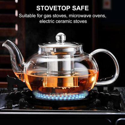 PARACITY Glass Teapot Stovetop 40 OZ/1200ml, Borosilicate Clear Tea Kettle with Removable 18/8 Stainless Steel Infuser, Teapot Blooming and Loose Leaf Tea Maker Tea Brewer for Camping, Travel