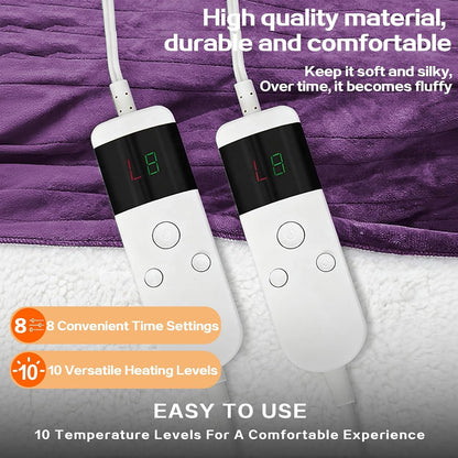 Electric Heated Blanket Throw Size 50''x60''-Control Heating Blanket, Soft & Warm Flannel 10-Level Temperature Control, 8 Hours Auto Off, Rapid Heating & Overheat Protection