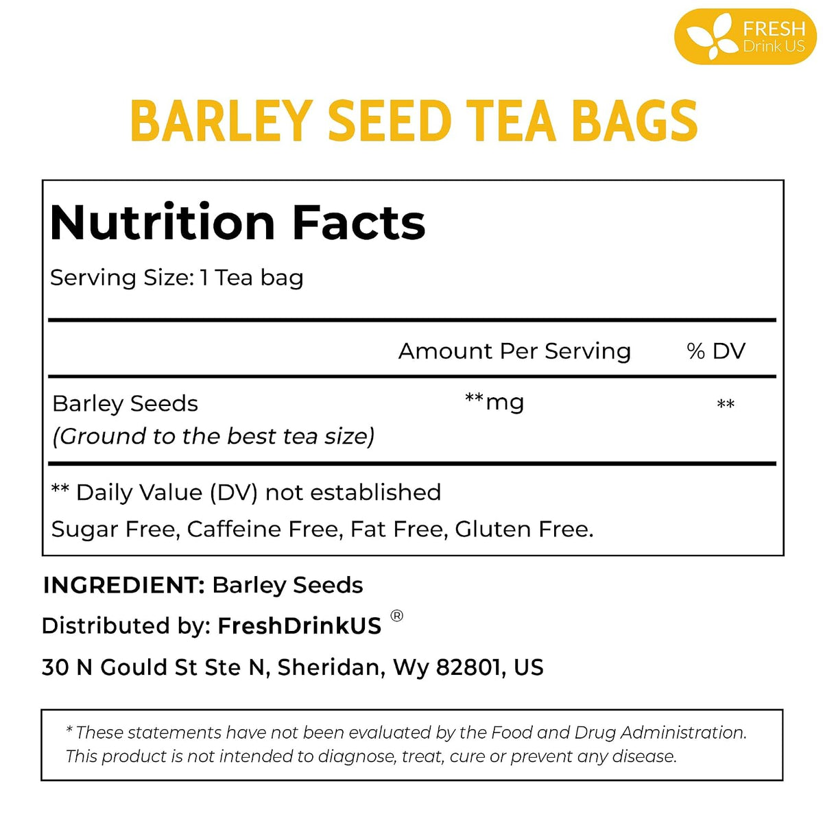 FreshDrinkUS, Premium Barley Leaf Tea, 50 Count, Pure, Caffeine Free