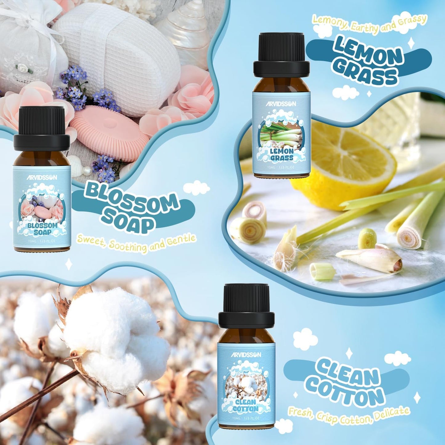 ARVIDSSON Floral Essential Oils Set, Natural Flower Essential Oil Gift for Women - Rose, Gardenia, Cherry Blossom, Honeysuckle, Lilac, Blue Lotus, Scented Oil for Diffuser, Valentines Day Gift for Her