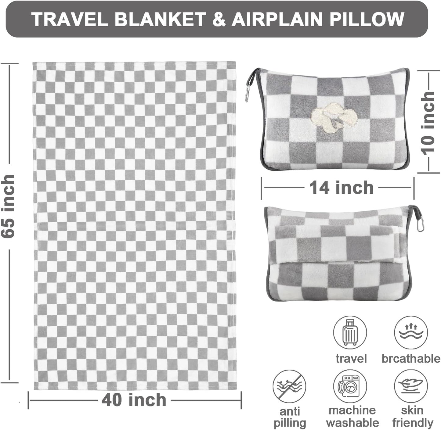 Travel Blanket and Pillow Compact, Premium Soft 2 in 1 Airplane Blanket with Soft Bag Pillowcase，Hand Luggage Sleeve and Backpack Clip (Checkered Black)