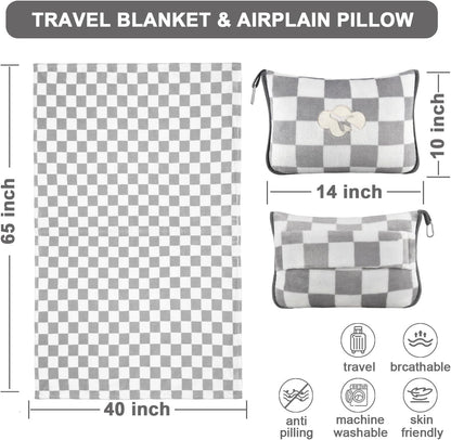 Travel Blanket and Pillow Compact, Premium Soft 2 in 1 Airplane Blanket with Soft Bag Pillowcase，Hand Luggage Sleeve and Backpack Clip (Checkered Black)