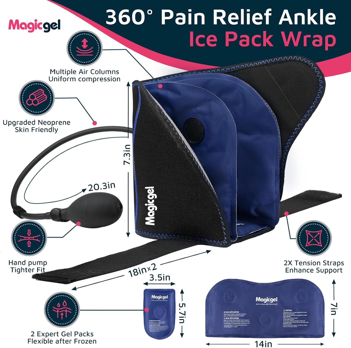 Magic Gel Compression Ankle Ice Pack Wrap – Ice Pack for Ankle Sprain, Swelling, Heel Pain & Achilles Tendonitis – Cold Therapy Wrap for Ankle, Heel & Foot with Air Pump Compression, 2 Extra Gel Packs