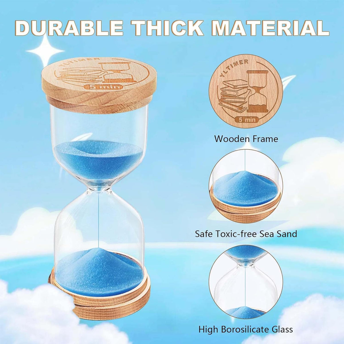 1 Minute Sand Timer, Wooden Sand Hourglass, Small Blue Hourglass, Sandglass Clock 1 Min for Classroom,Game,Decorative (Black)