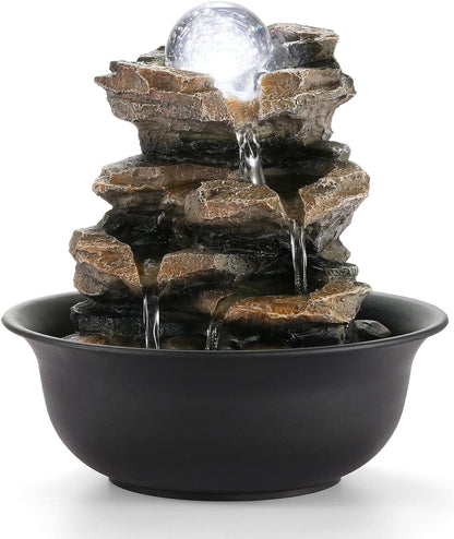 WICHEMI Indoor Fountain Tabletop Fountain Waterfall Fountains Stacked Rocks | Desktop Fountain With LED Light, Soothing Sound, Stress Relief, Humidifies Air, No Plumbing, Easy Setup, 11.8"X8.7"X5.9"