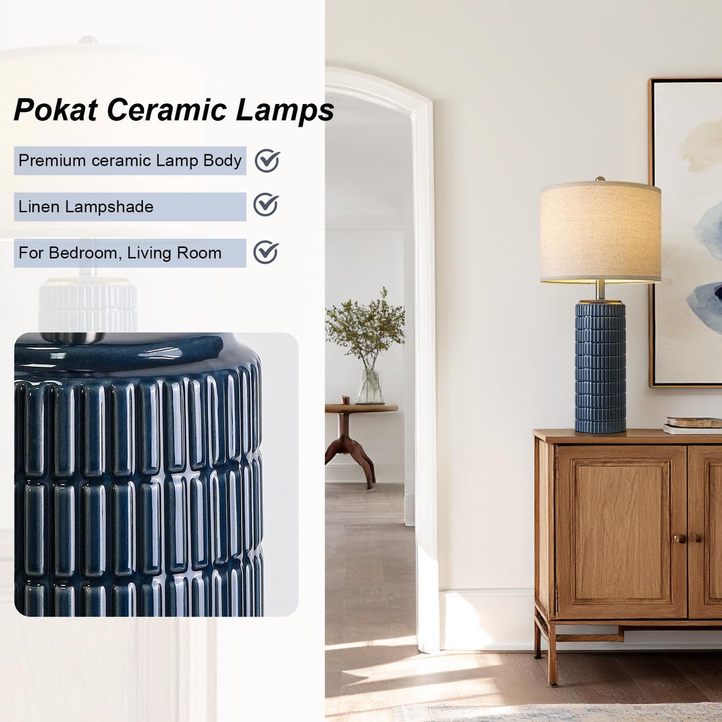 PoKat 23" Modern Ceramic Table Lamp Set of 2 for Living Room White Desk Lamps for Bedroom Farmhouse Bedside Nightstand Lamp House Warming Gifts New Home Decor End Table Lamps Gifts for Women Mom Beige
