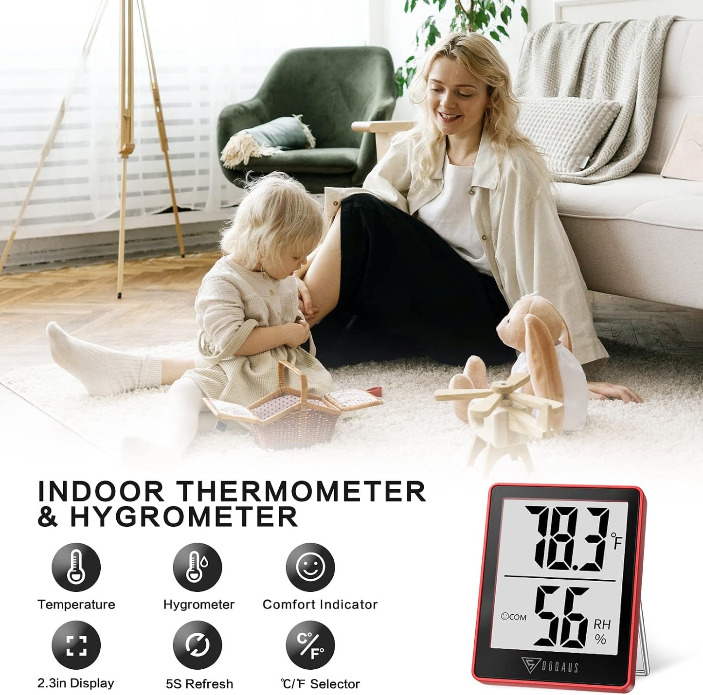 DOQAUS Digital Hygrometer Indoor Thermometer Humidity Meter Room Thermometer with 5s Fast Refresh Accurate Temperature Humidity Monitor for Home, Bedroom, Baby Room, Office, Greenhouse, Cellar (Black)