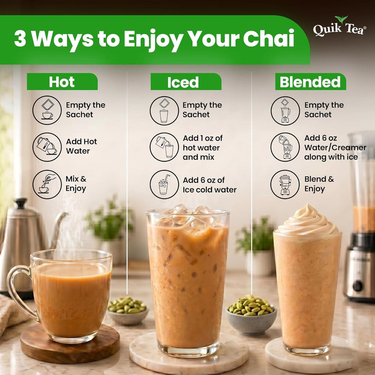QuikTea Instant Chai Tea Latte Mix, Cardamom, 2 Sachets