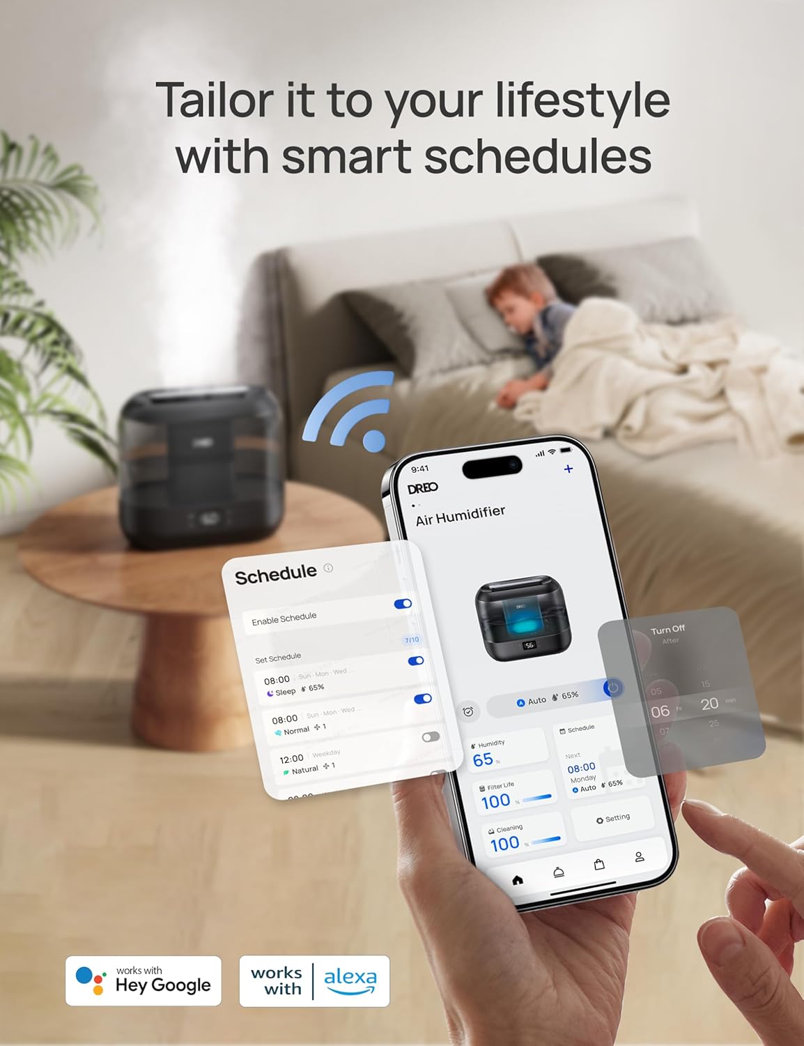 DREO 4L Smart Cool Mist Humidifiers for Bedroom HM311S Black | Top Fill, Quiet Sleep 28 dB, 36H Runtime for large room, Touch/APP/Voice Control, Nightlight, ideal for Baby, Plants, Nursery