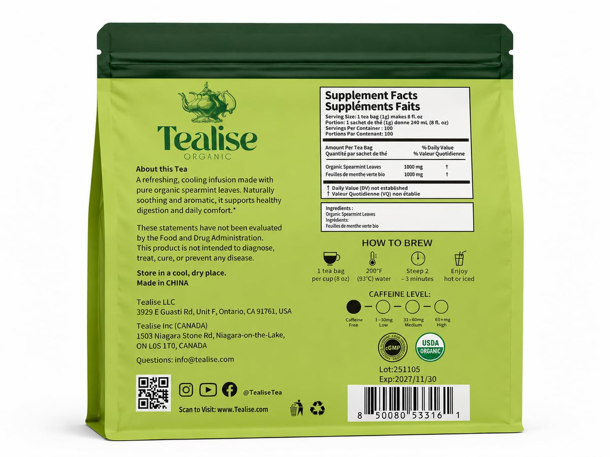 Organic Spearmint Tea Bags 100 Count – Spearmint Herbal Tea – Caffeine Free Mint Tea – Fresh, Smooth and Naturally Refreshing – Eco-Conscious Plant-Based Tea Bags by Tealise