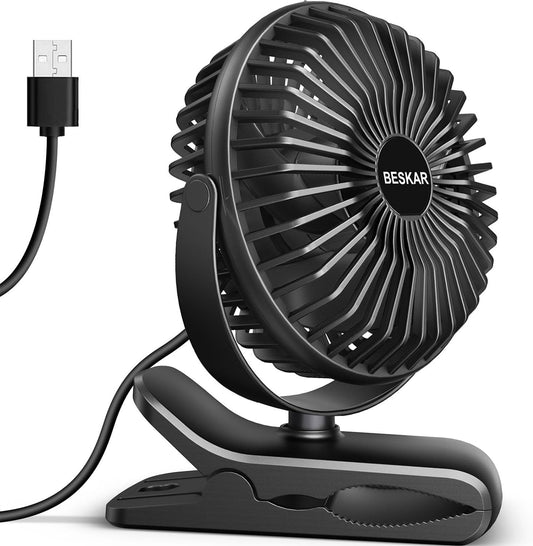 BESKAR USB Clip on Fan, Portable Small Desk Fan with Cord Powered