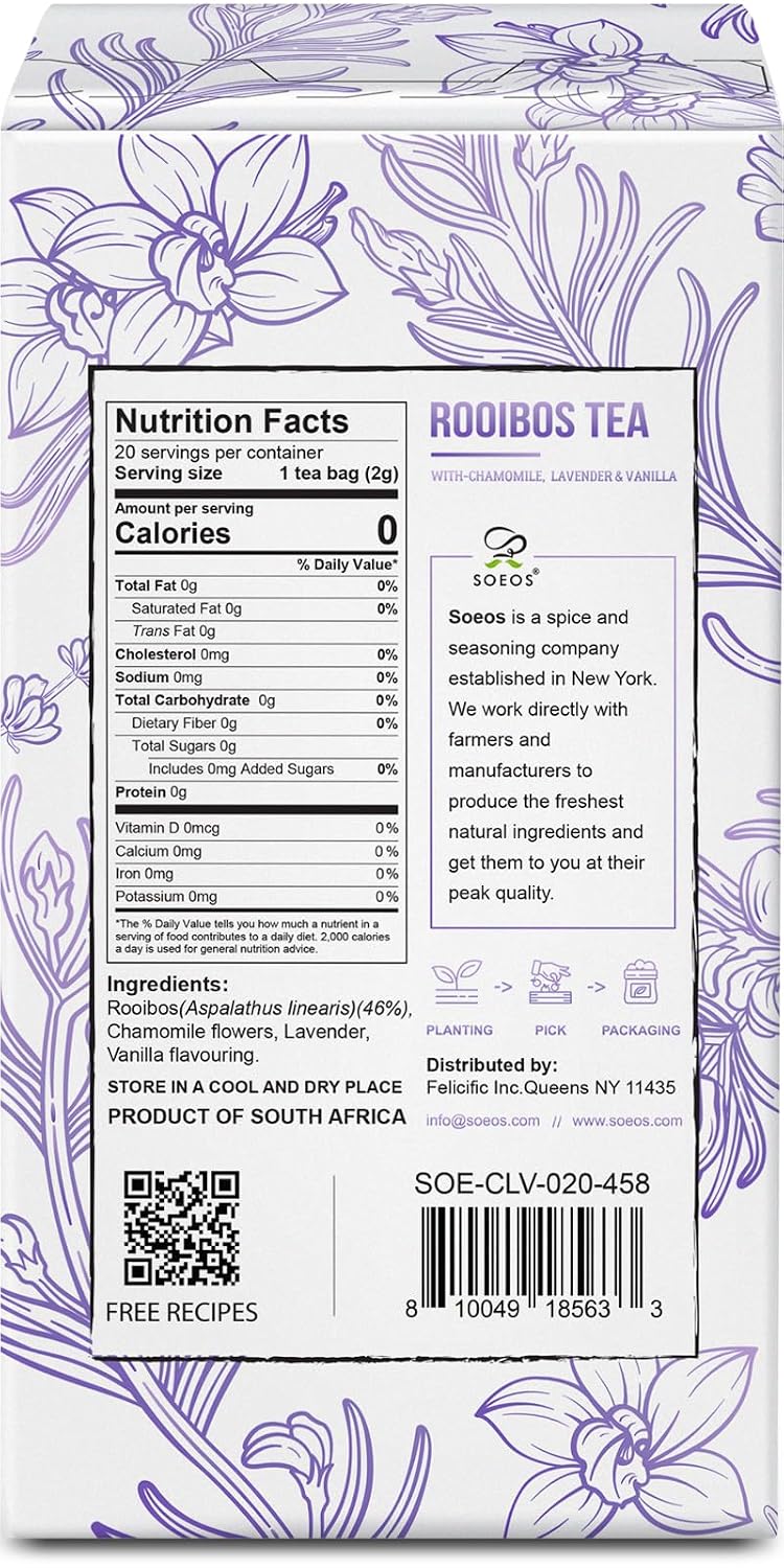 Soeos Organic Rooibos Tea, 100 Count (Pack of 1), Naturally Sweet Herbal Tea, Caffeine Free, USDA Organic, Red Rooibos Tea Bags, Farmed in South Africa 9oz (250g)