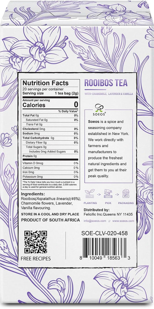 Soeos Organic Rooibos Tea, 100 Count (Pack of 1), Naturally Sweet Herbal Tea, Caffeine Free, USDA Organic, Red Rooibos Tea Bags, Farmed in South Africa 9oz (250g)