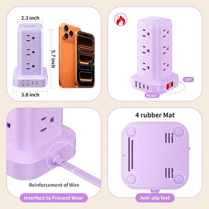 Extension Cord with Multiple Outlets, SMALLRT Power Strip Tower, Outlet Extender with 12 AC Outlets 4 USB, 6.5FT Extension Cord for Home Dorm Room, Office Supplies,Overload Protection