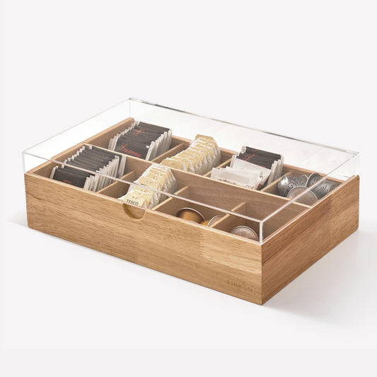 LIBKEN Wooden Tea Bag Organizer Box – 8 Compartment Tea Storage with Clear Lid – Minimalist Scandinavian Design – Versatile Wooden Tea Box for Tea Bags, Jewelry, Crafts, Office & Countertop Storage