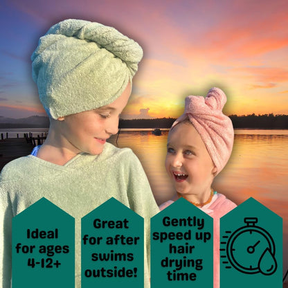 Hair Towel Wrap for Kids | 100% Bamboo Viscose |Tailored Small | Essential Hair Drying Wrap for Bath, Beach, Pool and Spa | Hair Accessory for Girls | Set of 2 | Seafoam Blue + Seashell Blush Pink