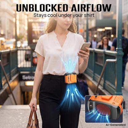 HAWANA Portable Waist Fan Clip on Fan for Shirt, 40H Max Cooling, Personal Wearable Belt Fan for Camping, Outdoor, Jobsite, Travel (Orange)