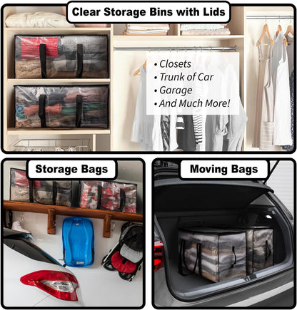 ClearSpace Heavy Duty Moving Bags - Water Resistant Storage Bags with Backpack Straps, Zippers and Handles - Large Moving Boxes for College Dorm, Travel, Closet Organization -, Clear