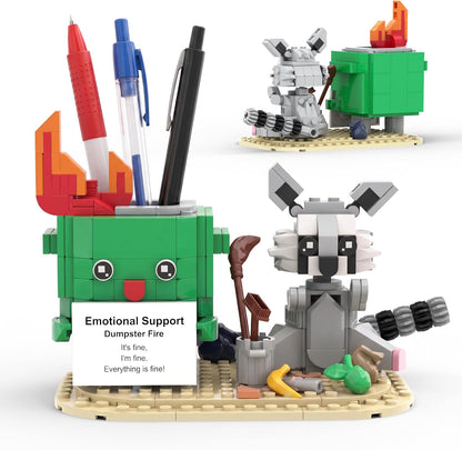 Dumpster Fire Building Set, Emotional Support Raccoon and Dumpster Fire Zen Garden with and Positive Card, Stress Relief Funny Pen Holder Desk Decor, Gifts for Coworker, Friend, Birthday for Adults