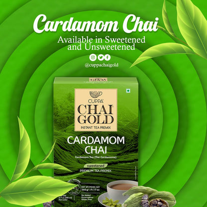 Cuppa Chai Gold Cardamom Chai Instant Tea Premix Sweetened, Rich Cardamom Flavor Tea Beverage Mix, Smooth Creamy Taste, Just Add Hot Water, Convenient Single-Serve Sachets for Home, Office & Travel, 10 Count