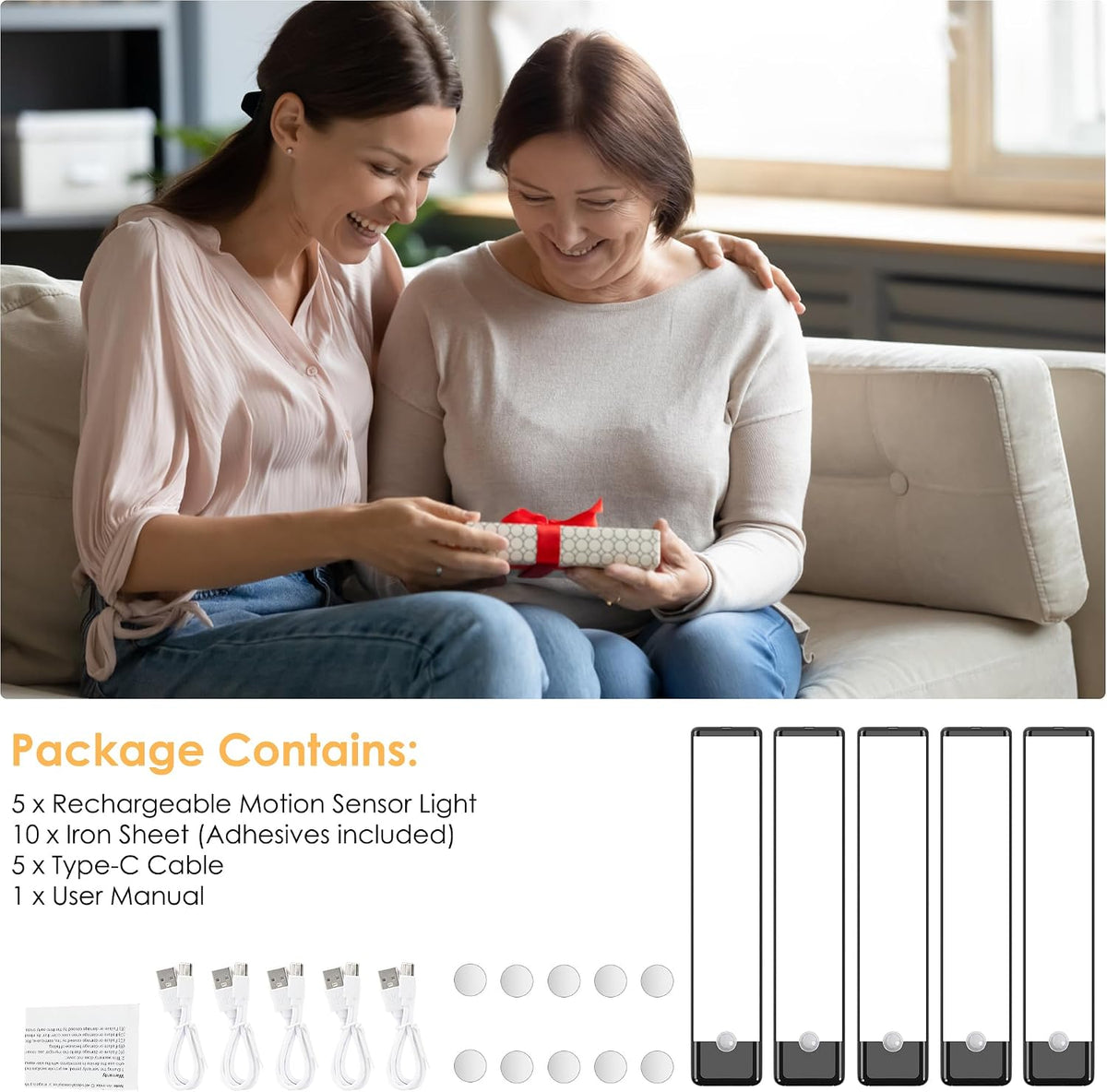 5-Pack Motion Sensor Under Cabinet Light, 3CCT, 7.9 inch
