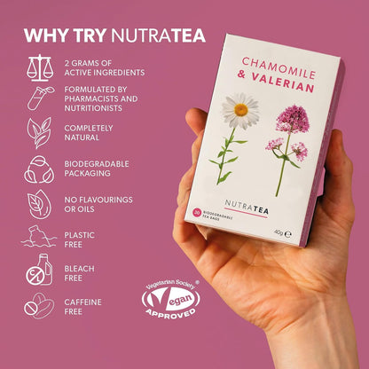 NutraTea Chamomile & Valerian Tea - Bedtime and Night Time Tea - 20 Individually Wrapped Bags (1 Pack)