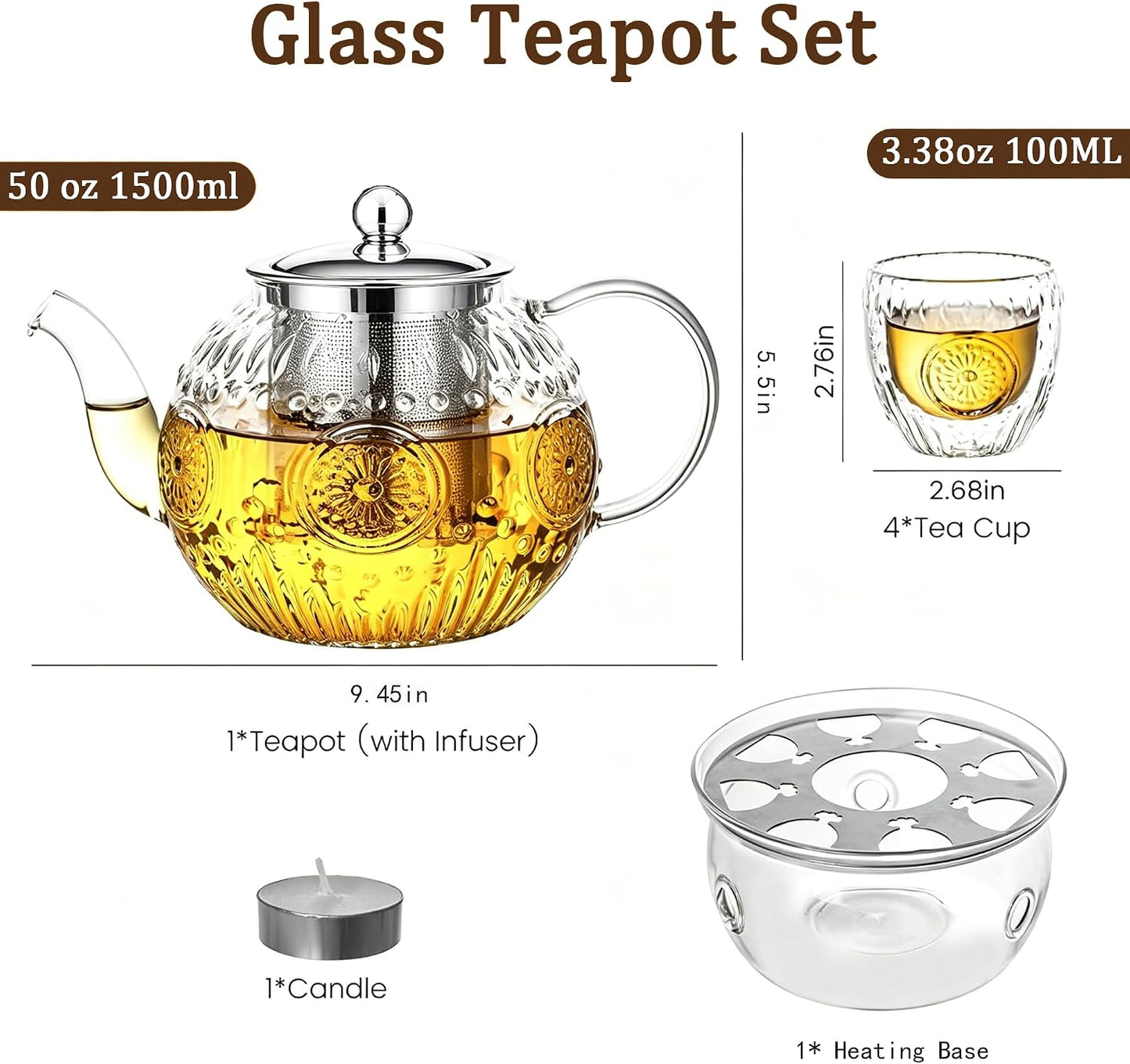Amzcku 50OZ/1500ml Vintage Glass Teapot with Removable Infuser – Stovetop Safe, Borosilicate Glass Tea Kettle for Blooming & Loose Leaf Tea