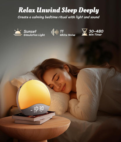 ecozy Sunrise Alarm Clock, White Noise Sound Machine, Alarm Clock for Bedrooms, 26 Soothing Sounds, 17 Night Lights, Bluetooth Speaker, Sunrise Wake-Up Light for Heavy Sleepers, Adults, Kids