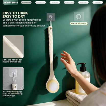 Back Scrubber for Shower, 15.7" Loofah with Handle, Back Shower Brush with Bristles and Loofah, Dry Brushing Body Brush for Cleanse Back and Hard to Reach Areas with Curved Long Handle
