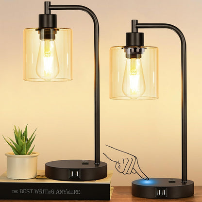 Set of 2 Industrial Touch Control Table Lamps with USB C+A Ports and AC Outlet - 3-Way Dimmable Black Bedside Lamps Nightstand Desk Lamps for Bedroom Living Room, Glass Shade & 2 LED Bulbs Included
