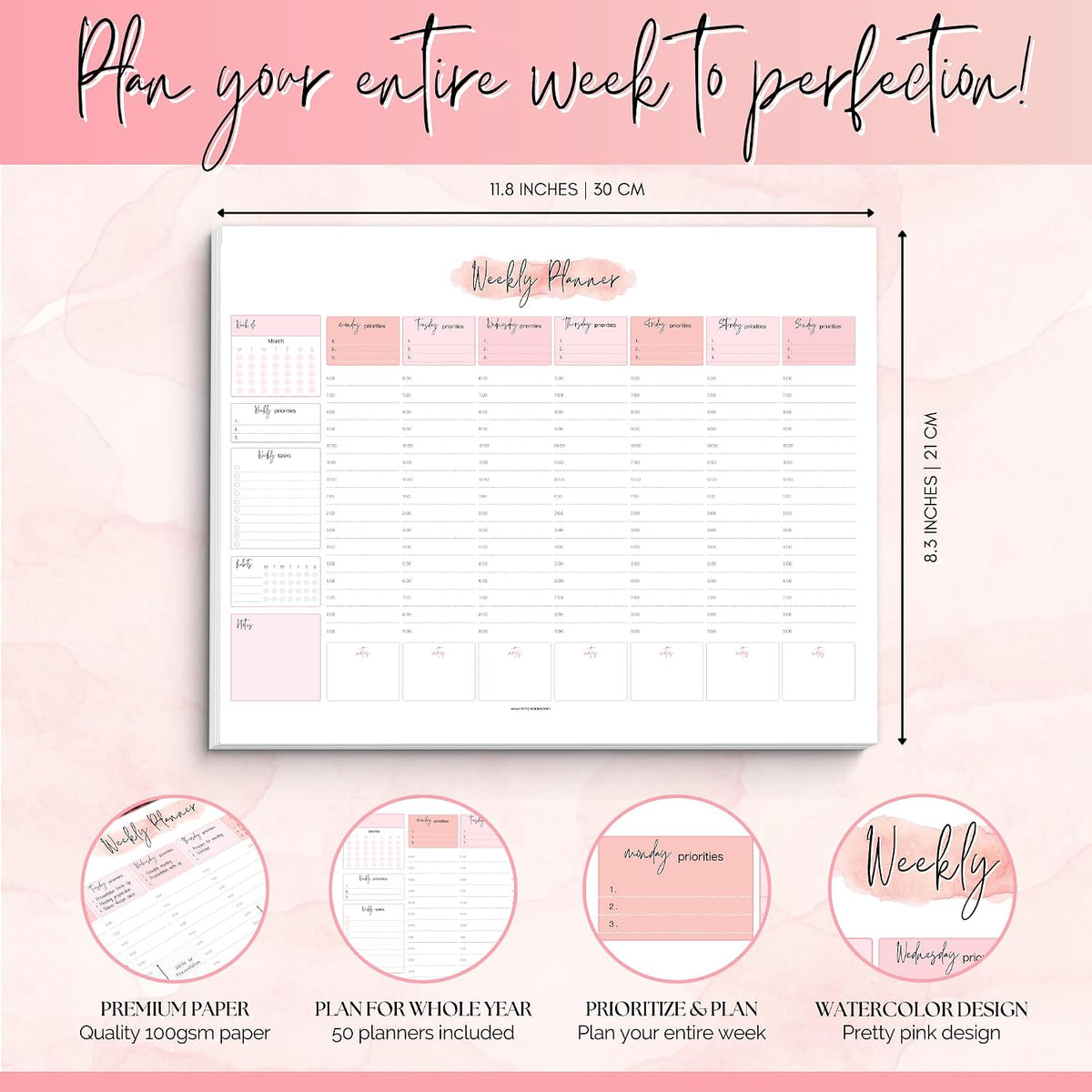 Weekly Hourly Planner Notepad, Daily Planner Desk Pad, Weekly Schedule, To Do List Note Pad, ADHD Planner | 50 Undated Tear Away Sheets | A4 (Rainbow)