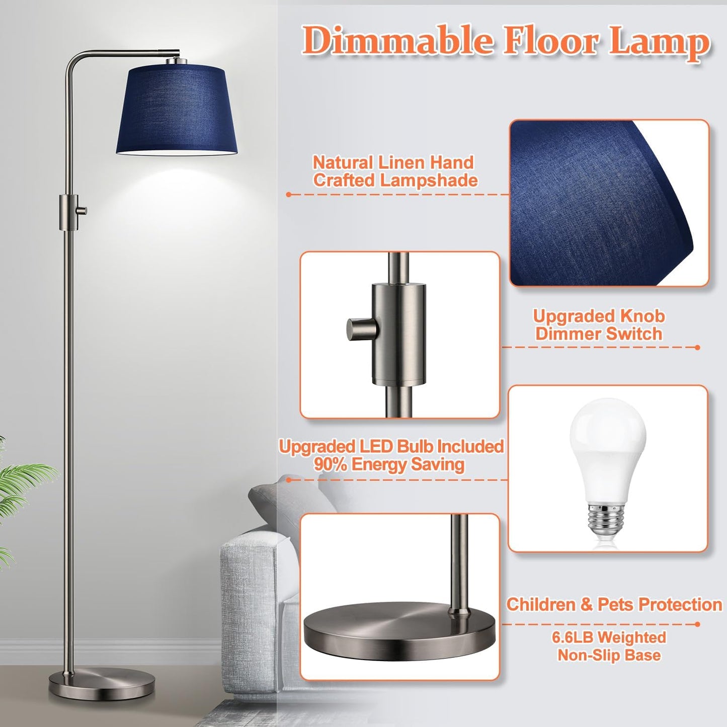 【Upgraded】 Dimmable Floor Lamp, 1000 Lumens LED Edison Bulb Included, Arc Floor Lamps for Living Room Modern Standing Lamp with Linen Shade, Tall Lamp for Bedroom Office Dining Room- Black