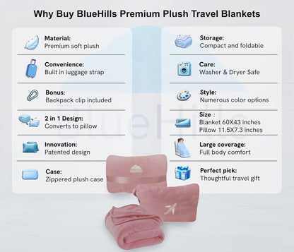 BlueHills Premium Soft Plush Mini Travel Blanket Pillow Plane 2 in 1 Gray