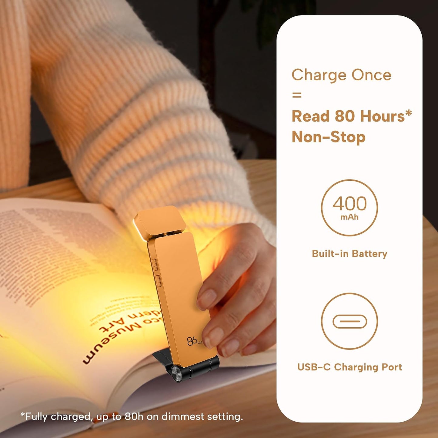 86lux Book Light, Rechargeable Reading Lights for Books in Bed, Ultralight Clip-on LED Bookmark Lamp with 3 Amber Colors & Stepless Dimming for Night Reading for Book Lovers, Papaya Orange