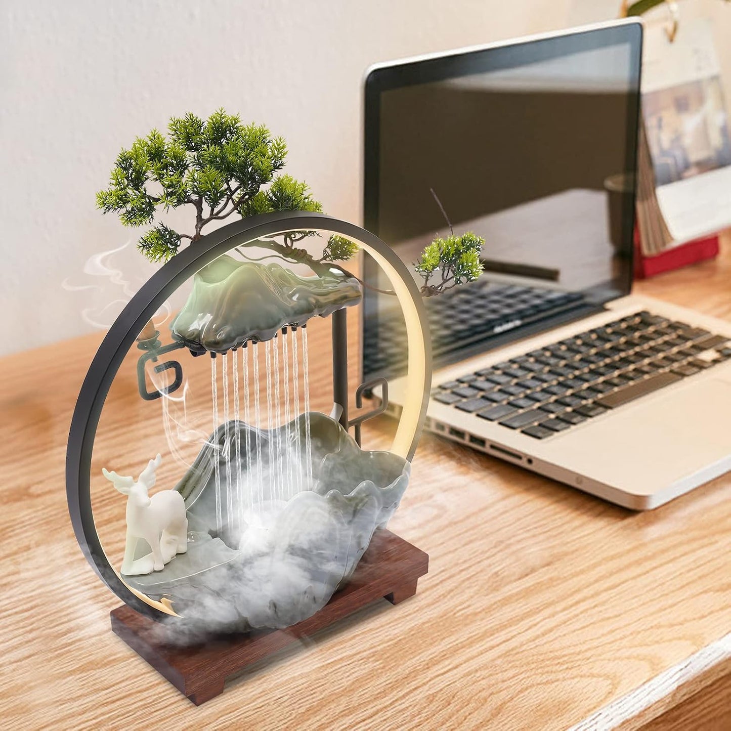 Mini Artificial Bonsai Tree Waterfall Fog Feature Rock Tabletop Fountain | 11in Desktop Decor Waterfall Fountain W/ Water Pump& Atomizer&LED Lights &Fake Tree Office Bedroom Relax