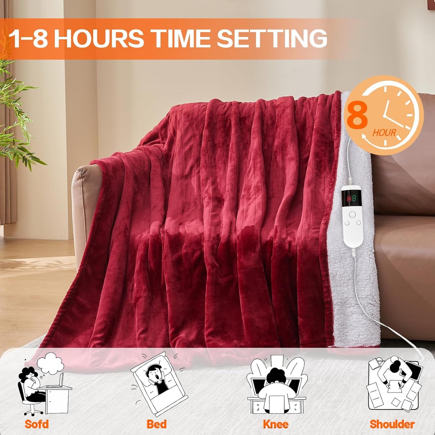 Electric Heated Blanket Throw Size 50''x60''-Control Heating Blanket, Soft & Warm Flannel 10-Level Temperature Control, 8 Hours Auto Off, Rapid Heating & Overheat Protection