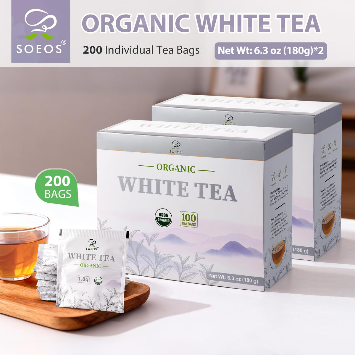 Soeos Organic White Tea, 100 Tea Bags, Pack of 2, Total 200 Teabags, Individually Wrapped Teabags, Low Caffeine, Subtle Floral Aroma & Smooth Taste, Quality Tea for Everyday Brewing, Perfect for Hot or Iced Tea Lovers, 6.3oz (180g) of Each
