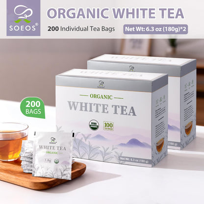 Soeos Organic White Tea, 100 Tea Bags, Pack of 2, Total 200 Teabags, Individually Wrapped Teabags, Low Caffeine, Subtle Floral Aroma & Smooth Taste, Quality Tea for Everyday Brewing, Perfect for Hot or Iced Tea Lovers, 6.3oz (180g) of Each