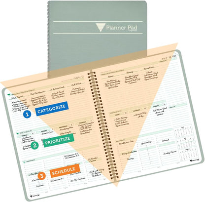 Planner Pad Spiral Bound July 2026 – June 2027 / Academic Year 8 1/2" x 11" Large 3-Tier Funnel Down 12 Month/Weekly Size Organizer, Greenish Grey Cover/Soft Green Ink